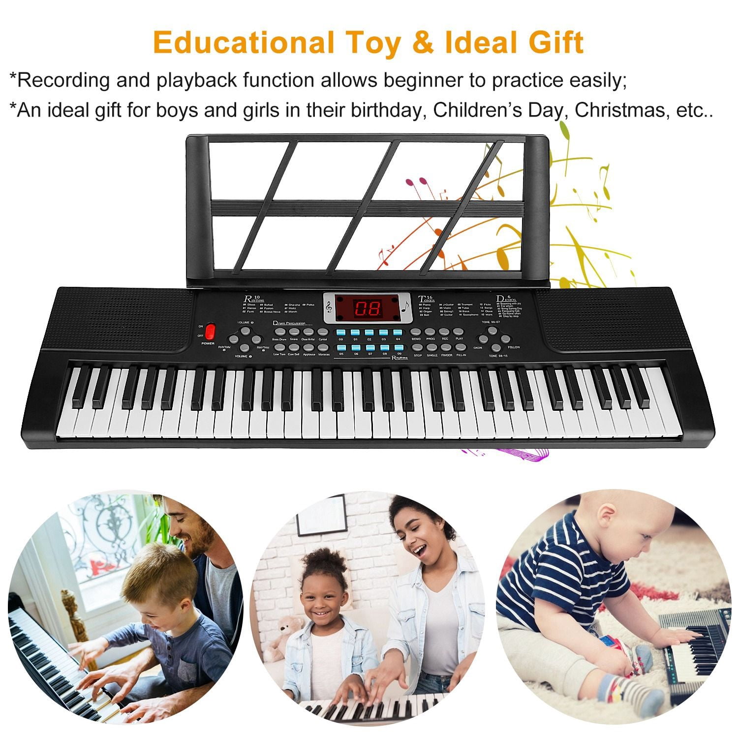 Multifunctional 61 Key Children's Piano Toy - Electronic Keyboard with 16 Tones, 8 Percussions, Volume Control & HD Display, Includes Stand Microphone for Early Music Education