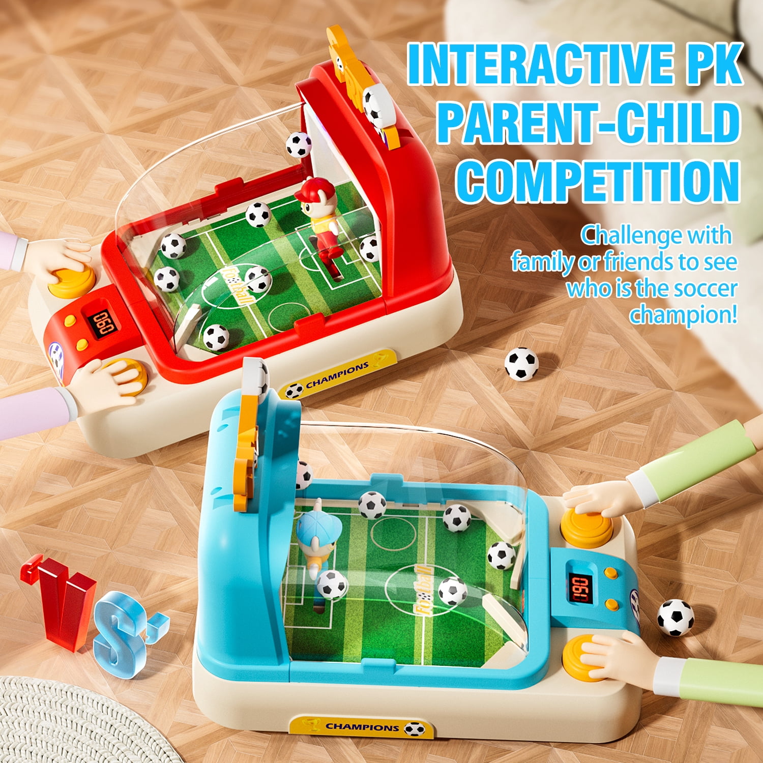 Kids Interactive Soccer Game Machine with Moving Goalkeeper, Lights & Sounds, Tabletop Football Toy for Boys Girls Ages 3+（BLUE)