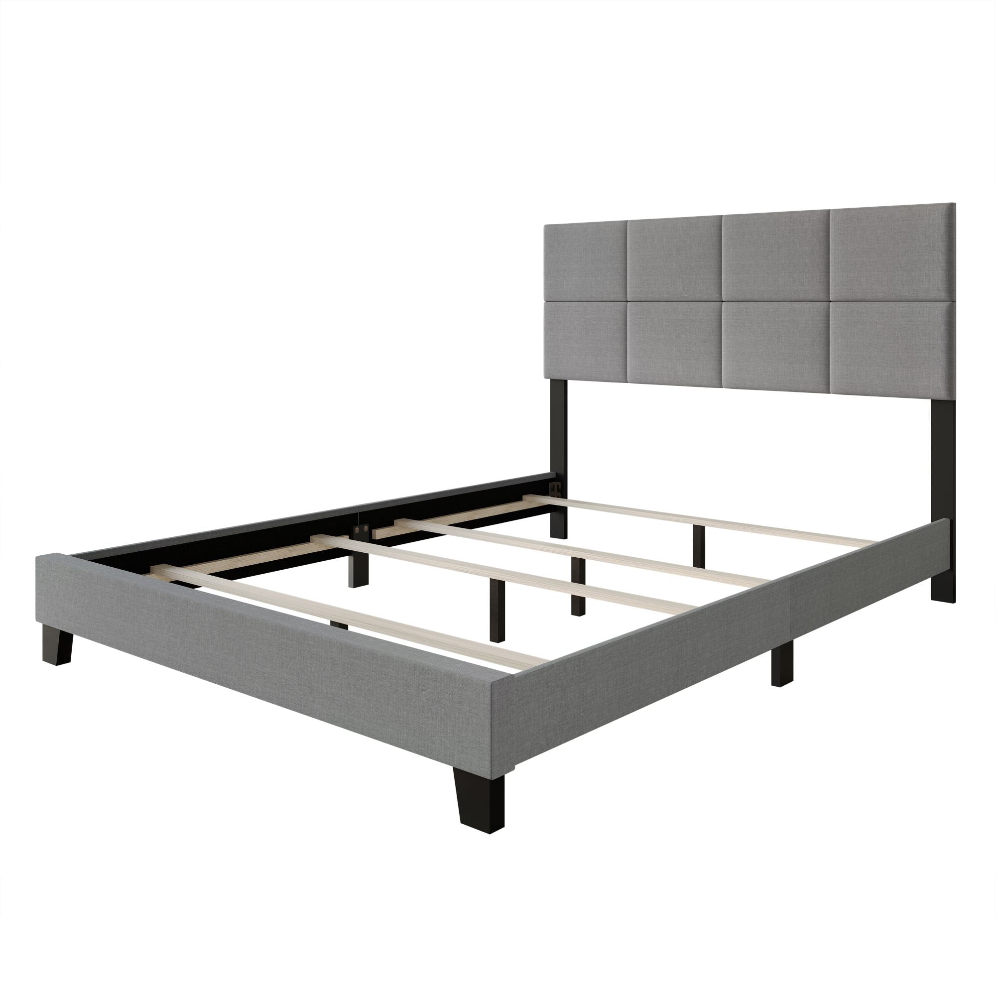 Home Design Lufkin Twin Upholstered Panel Bed Frame with Checkered Tufted Headboard & Foam-Filled Comfort, Gray, Easy Assembly