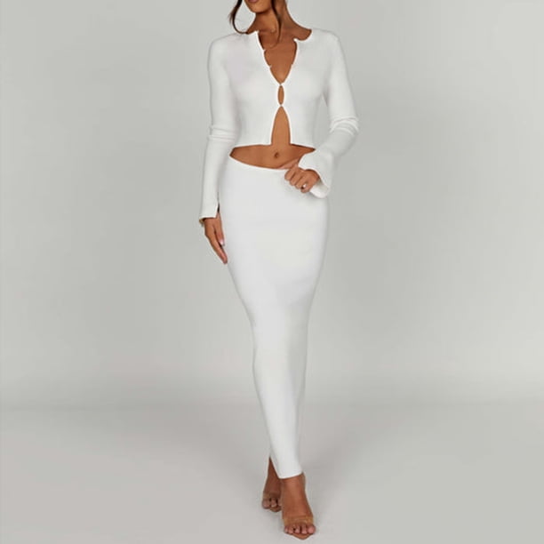Chaqueta de punto para mujer falda larga cuello redondo un solo pecho color sólido traje de vacaciones FLhrweasw Nuevo