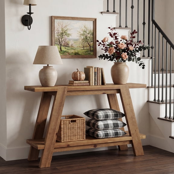 Finmind 43.3" Solid Wood Entryway Table, 2-Tier Farmhouse Console Sofa Table with Storage for Hallway, Foyer, Brown