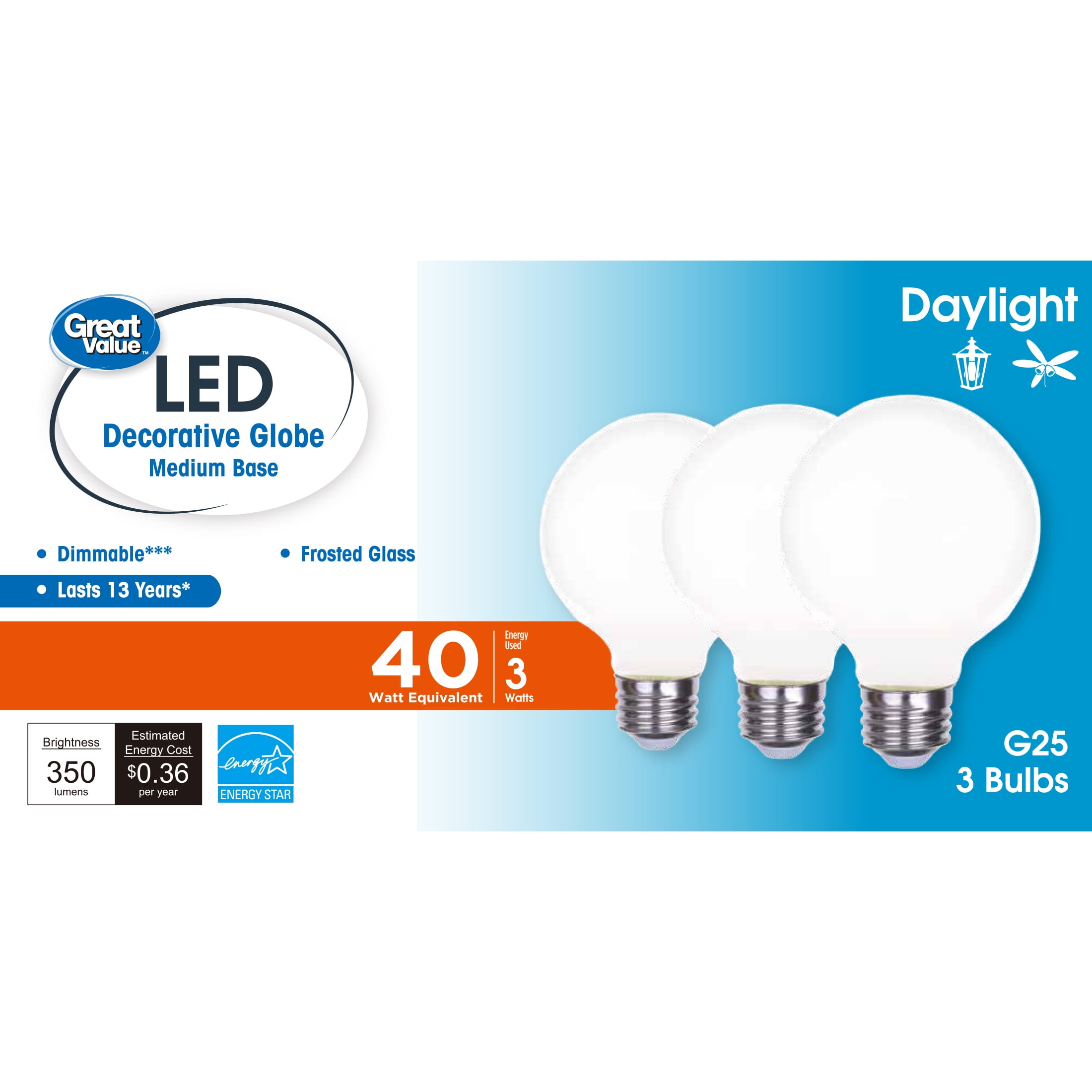 (2 pack) Great Value G25 LED Bulb, 3-Watt (40W Equivalent) Daylight Decorative Globe E26 Base Dimmable3 Pack