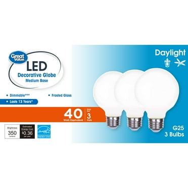 Great Value G25 LED Bulb, 3-Watt (40W Equivalent) Daylight Decorative Globe E26 Base Dimmable3 Pack