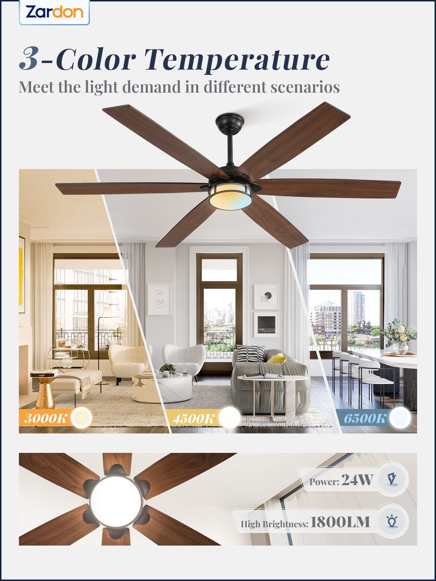 Zardon 65in Ceiling Fans with Light and Remote Control, Large Farmhouse Ceiling Fans with Reversible 6-Speed for Indoor, Black