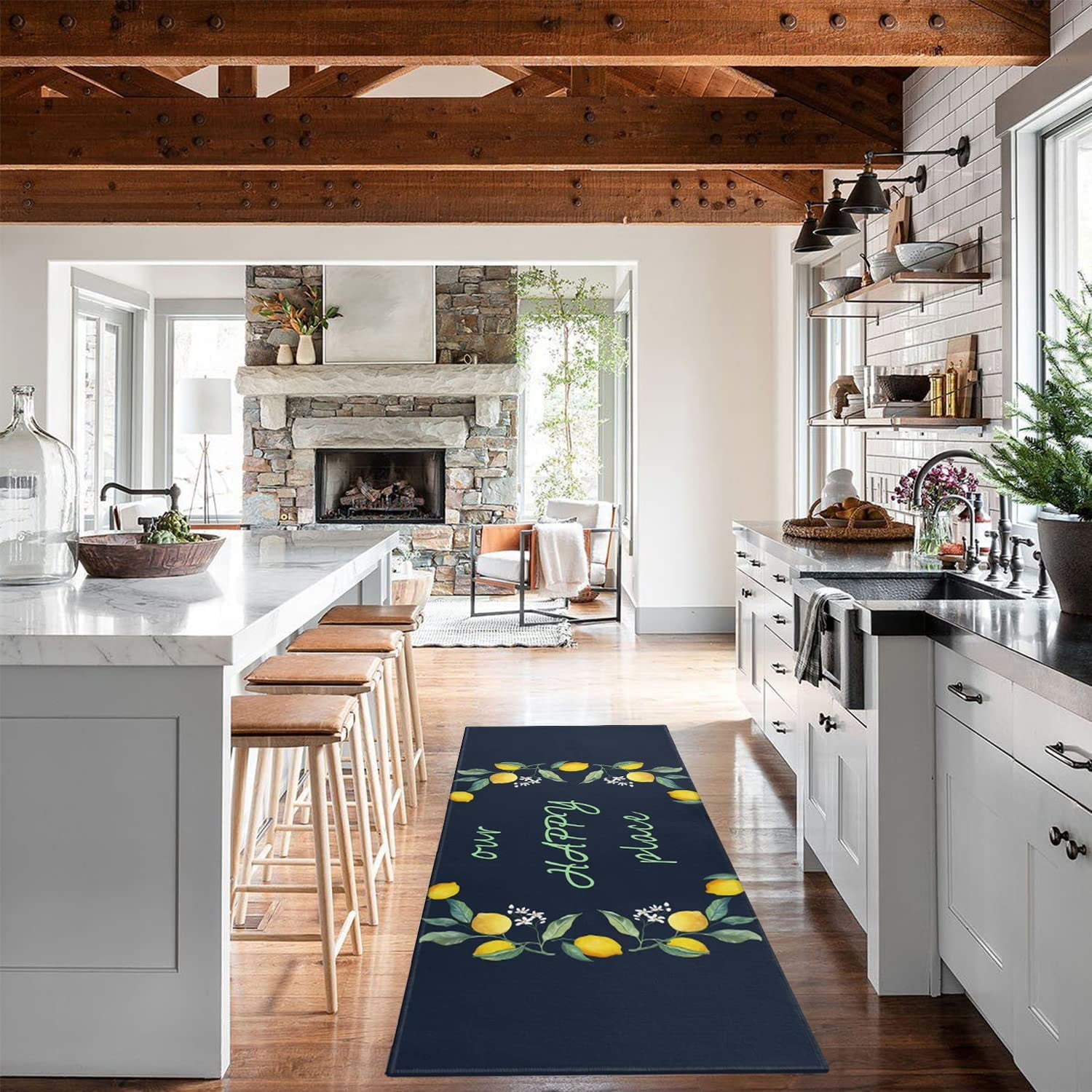 Xsinufn Lemon Kitchen Rugs Set 2 Piece Colorful Spring/Summer Lemon Floral Leaves Decorative Rugs for Kitchen Low-Profile Floor Mats Decorations for Home Kitchen (17"x48"+17"x24" Navy Blue Rugs)