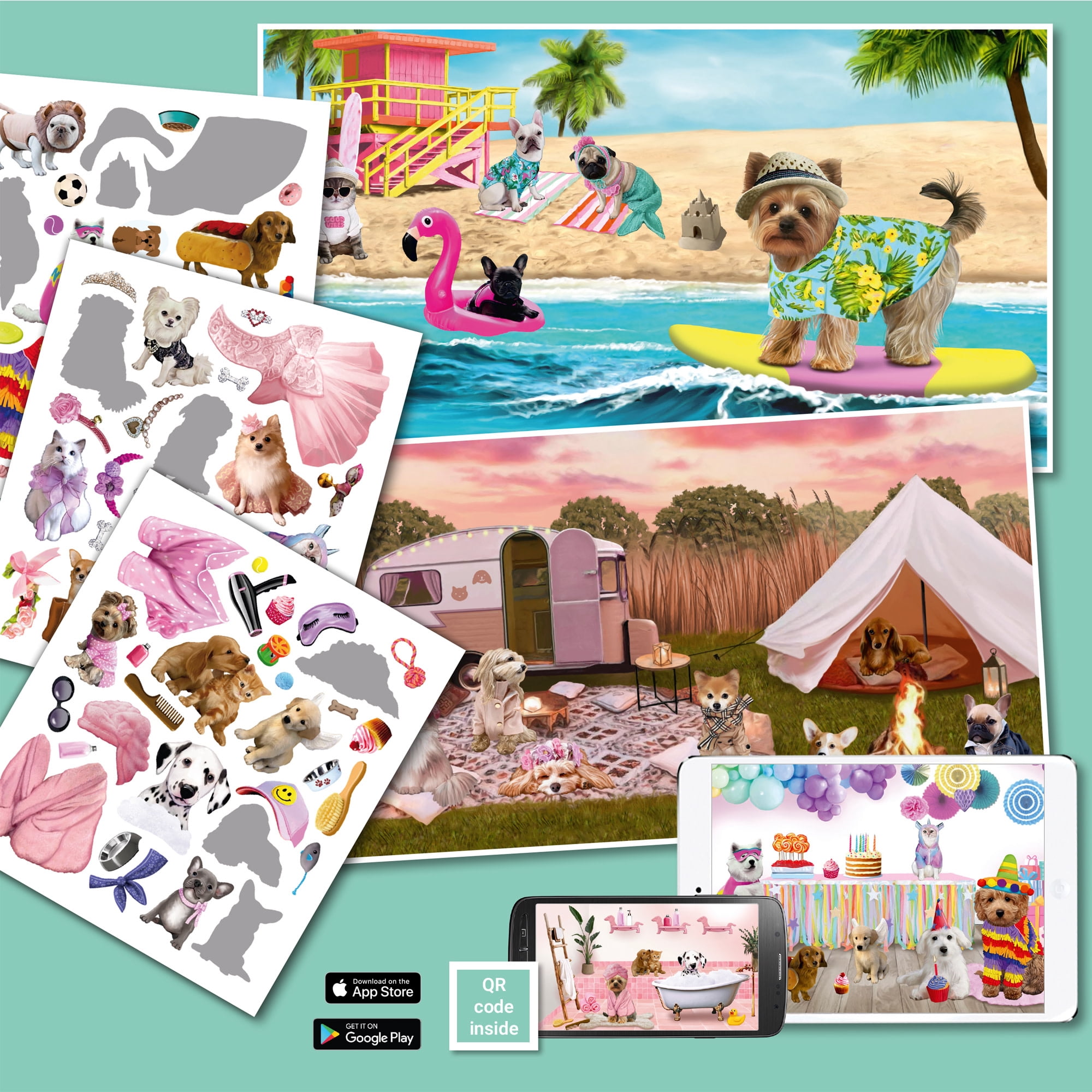 book 'n' app: Panorama Sticker Book - Cute Animals - Mix-Match Stickers On Double-Page Spreads, Dress-Up Animals, Playful Illustrated Scenes, Kids 4+