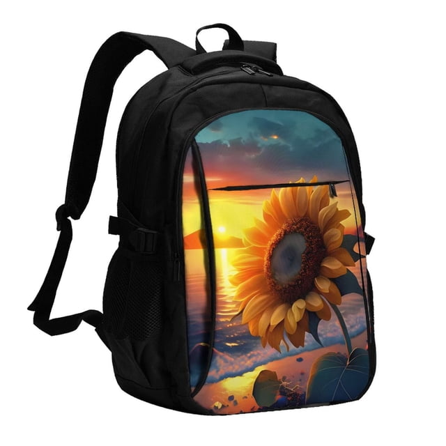 Easygdp Sunset Coast Sunflower Mochila para Laptop de Viaje con Puerto USB, Mochila para Laptop con Puerto de Carga USB para Mujeres y Hombres