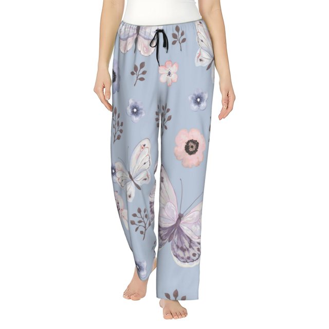 Fotbe Blue Butterfly Pantalones de Pijama para Mujer, Pantalones de Dormir, Pantalones Pj con Cordón y Bolsillos-X-Large