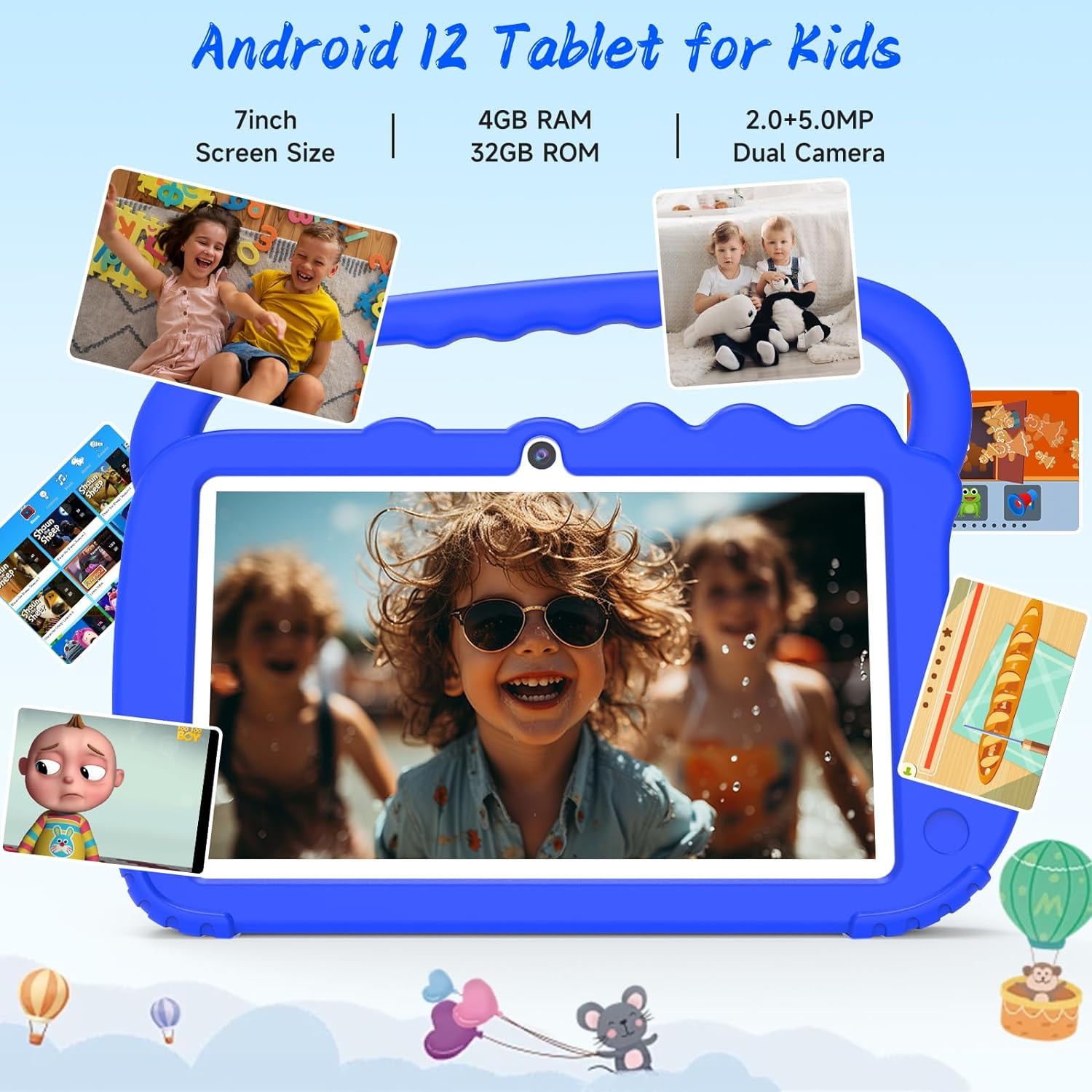 IWEGGO 7 in 1024 x 600 Child Tablet, 32GB, Android 12, Wi-Fi, Blue with Case