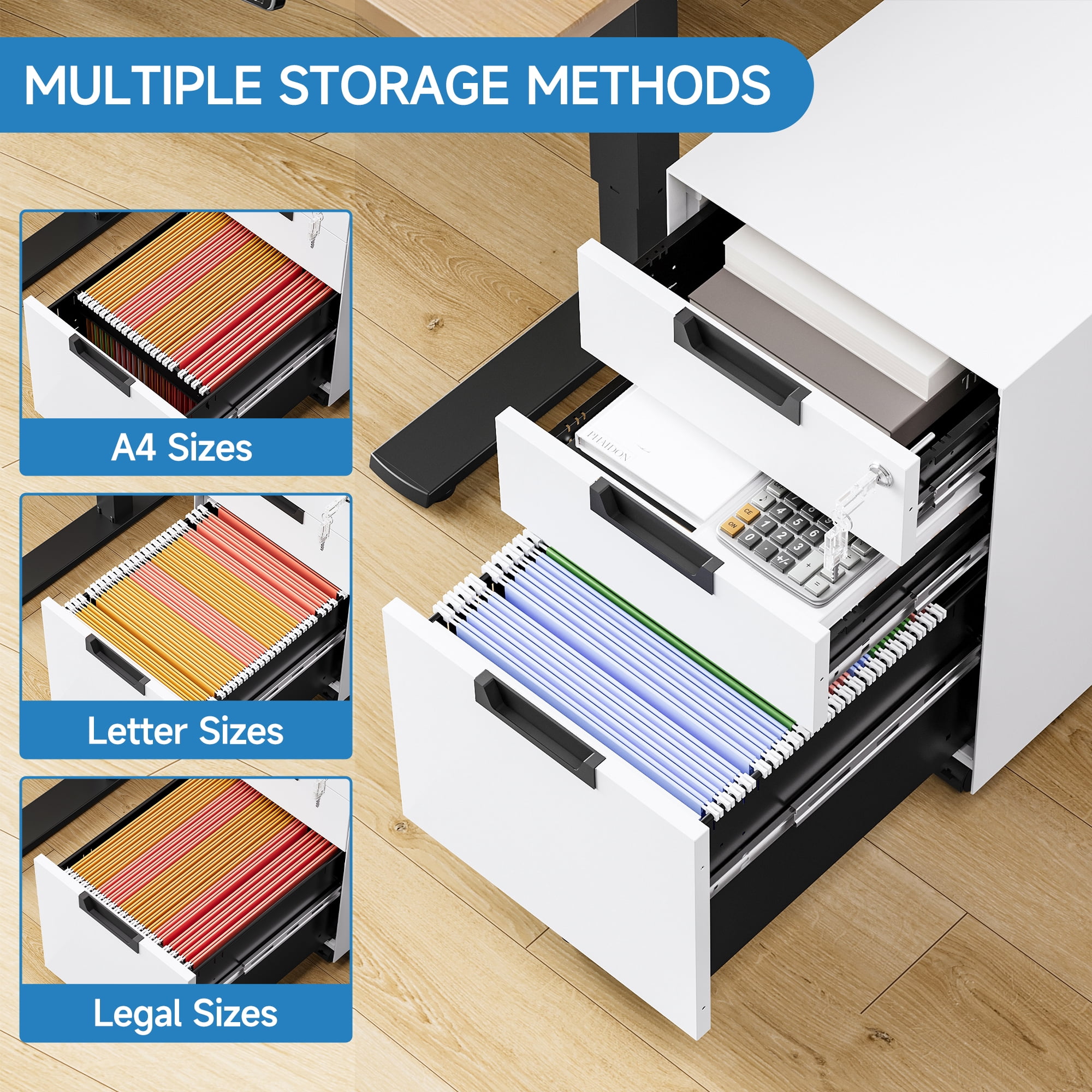 Fesbos Metal Mobile File Cabinet with Lock, 3 Drawer Rolling Filing Cabinets for Home Office, Fully Assembled, White, 23.6"H*17.32"D* 14.6"W, Fits Letter/Legal/A4 Size Files