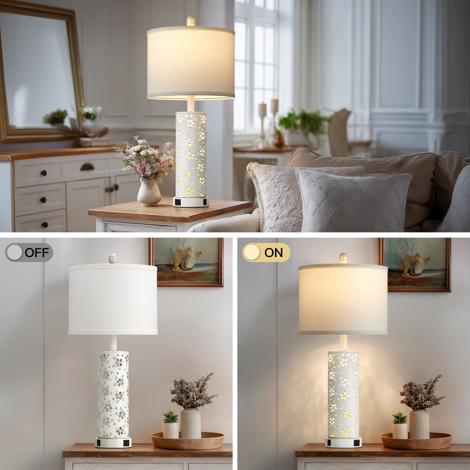 Lolikit 27" Table Lamps Set of 2 Beside Lamps for Bedroom Living Room with USB Charging Port, Modern Farmhouse Nightstand Lamps,Bulbs Included