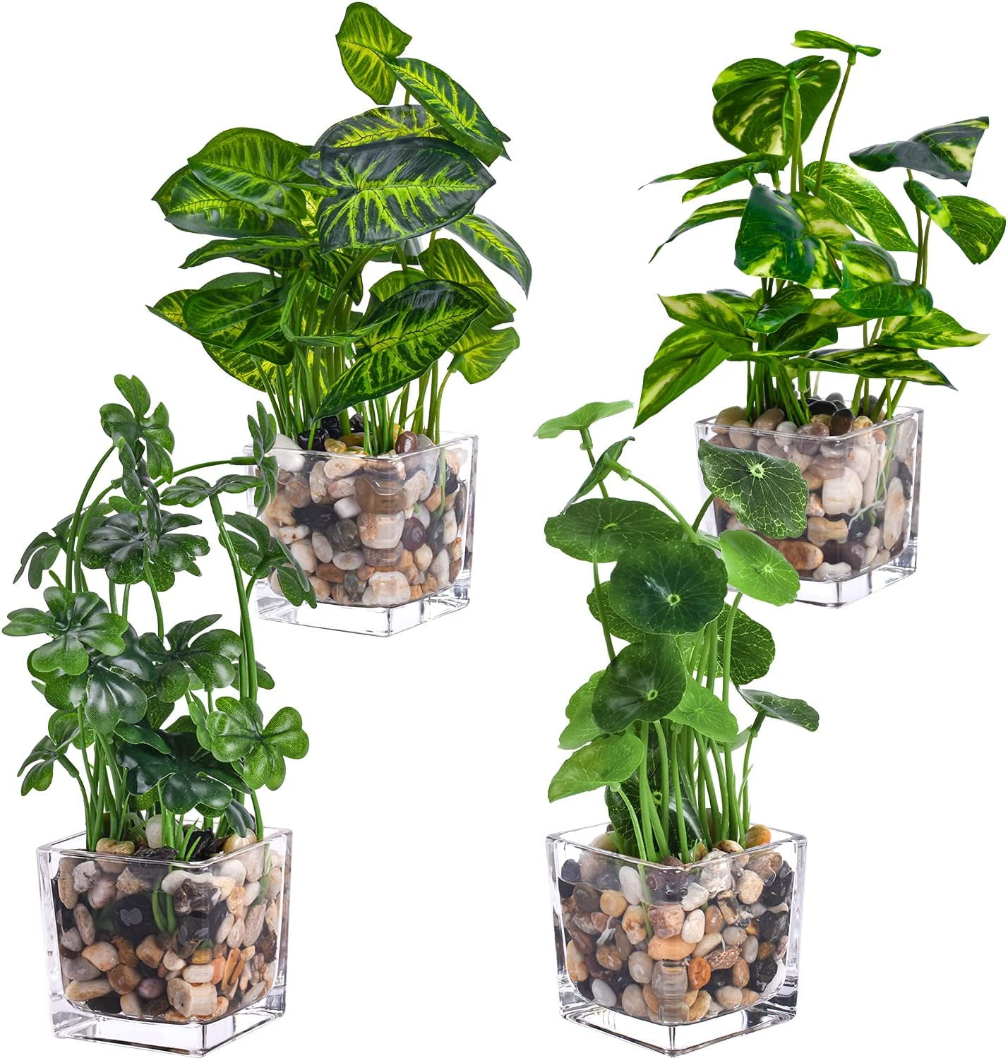 Artificial Potted Plants, 4 Set of Faux Tabletop Greenery with Clear