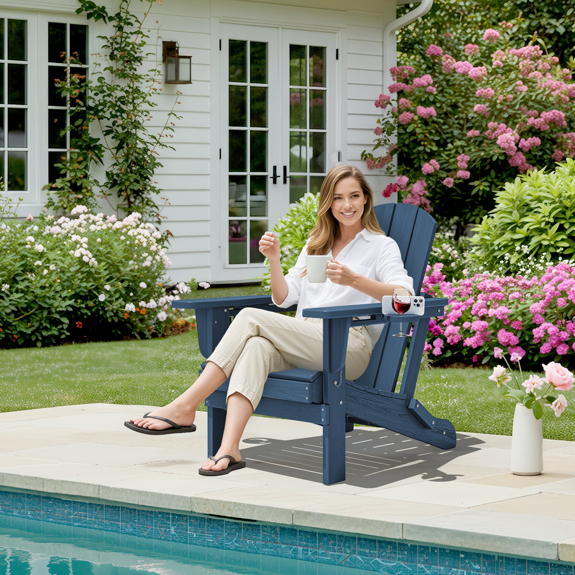 SERWALL Folding Adirondack Chair Set with Dual Cup Holders & Phone Holder, All-Weather HDPE Fire Pit Chairs for Outdoor, Patio, Poolside, Garden - Blue