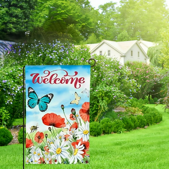 Heduofu Poppy Daisy Field Butterfly Garden Flag Double Sided Hello Spring Flowers Bee House Yard Flags Welcome Spring Summer Outdoor Indoor Banner for Home Decorations 12x18in