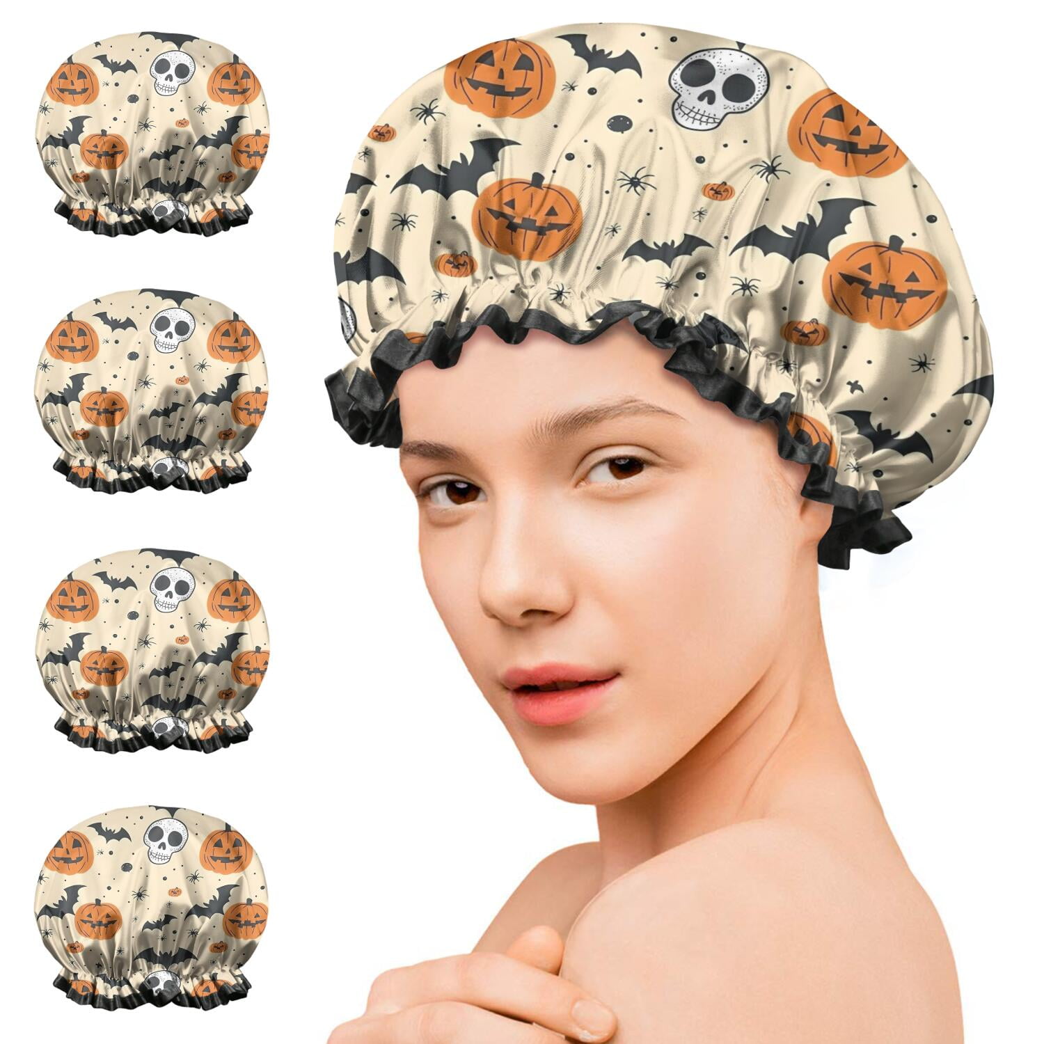 Shower Caps,Halloween Pumpkins Bats Skulls and Spiders Waterproof Shower Cap for Women 4 Pieces,Double Reusable Hair Cover for Shower PEVA Elastic Stretch Hem
