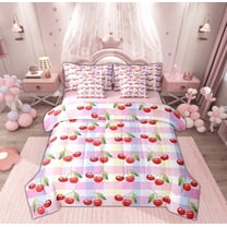 Manfei Kawaii Cherry Twin Bedding Sets 7-Piece for Kid, Cartoon Fruit Print Bedding Comforter Set, Pink Plum Buffalo Reversible Sheet Sets, Super Cozy Room Decor