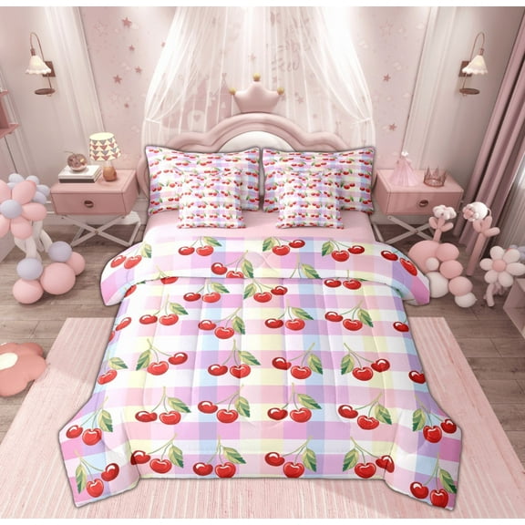 Manfei Kawaii Cherry Twin Bedding Sets 7-Piece for Kid, Cartoon Fruit Print Bedding Comforter Set, Pink Plum Buffalo Reversible Sheet Sets, Super Cozy Room Decor