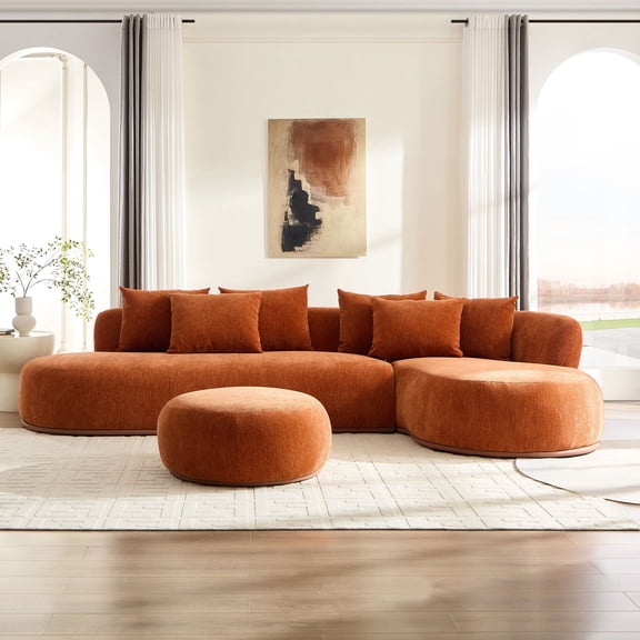 Kevinplus 134.6" Modern Couch Oversized L-Shaped Sectional Sofa with Ottoman, Orange