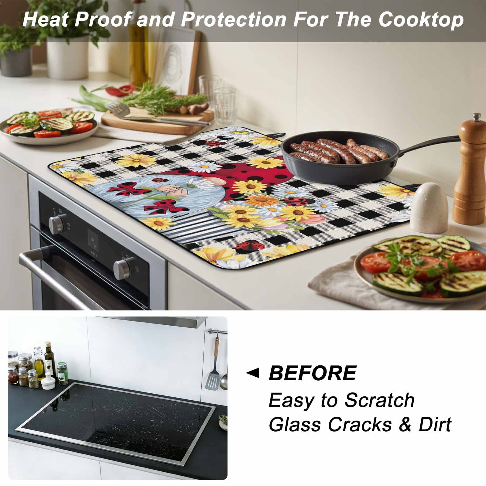 Gnomes Daisy Stove Top Cover for Electric Stove, Heat-proof & Non Slip Glass Top Stove Cover Protector, Retro Farmhouse Floral Black Buffalo Plaid Kitchen Flat Cooktop Rubber Mat 31x24 Inches