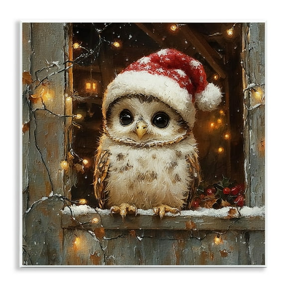 Stupell Industries Festive Owl with Holiday Lights Animals Painting Unframed Art Print Wall Art, 12 x 12