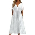 thumbnail image 1 of Vestido midi con cuello en V, pliegues y volantes de encaje para mujer - Mezcla de algodón, elegante y casual para fiestas y para el día a día, 1 of 8