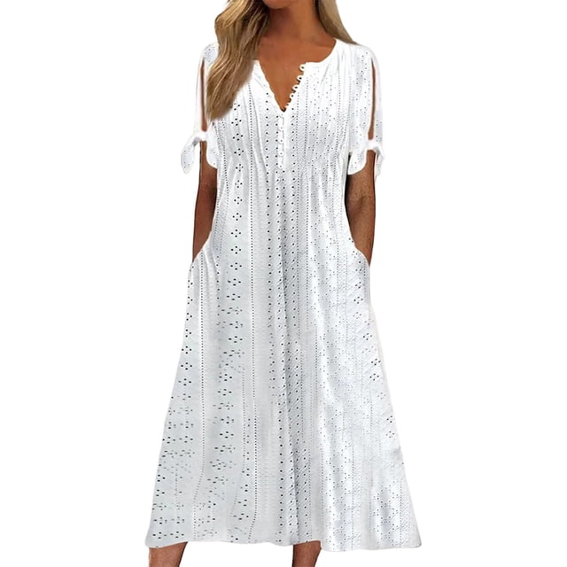 Vestido midi con cuello en V, pliegues y volantes de encaje para mujer - Mezcla de algodón, elegante y casual para fiestas y para el día a día