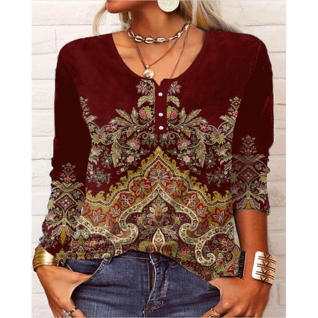 Jersey Vintage con cuello redondo y botones para mujer, Camiseta holgada informal con estampado elegante, Tops básicos diarios de calle, camisetas de manga larga, camisa de fondo