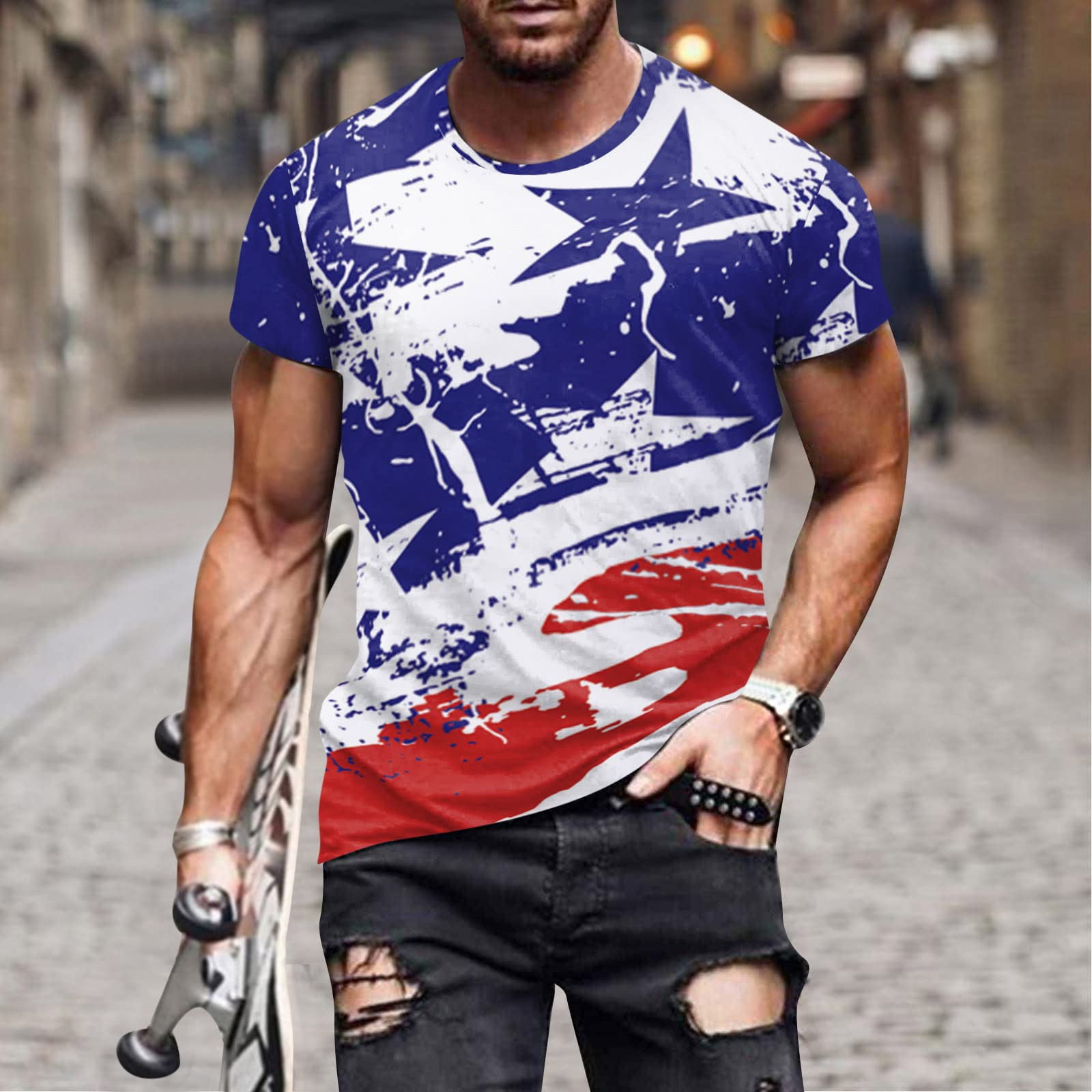 Men's 4th of July Workout Muscle T-Shirt Short Sleeve Distressed ...