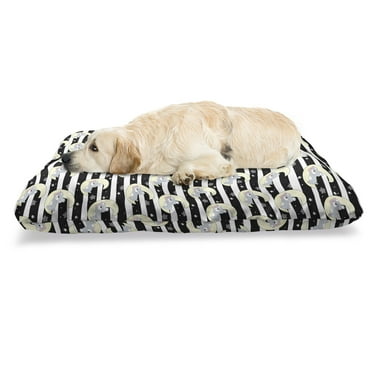 Night Pet Bed, Bears Sleeping on Crescent Moon with Monochrome Stripes and Star Shapes, Chew Resistant Pad for Dogs and Cats Cushion with Removable Cover, 24" x 39", Charcoal Grey Cream, by Ambesonne