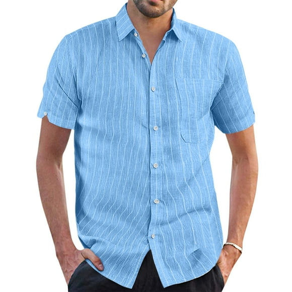 GZWYHT Mens Casual Button Down Shirts,Mens Shirts Male Summer Casual Polka Dot Striped Print Cuff Design Shirt Short Sleeve Turn Down Collar Shirts Big And Tall Shirts,Workout Shirts Blue L