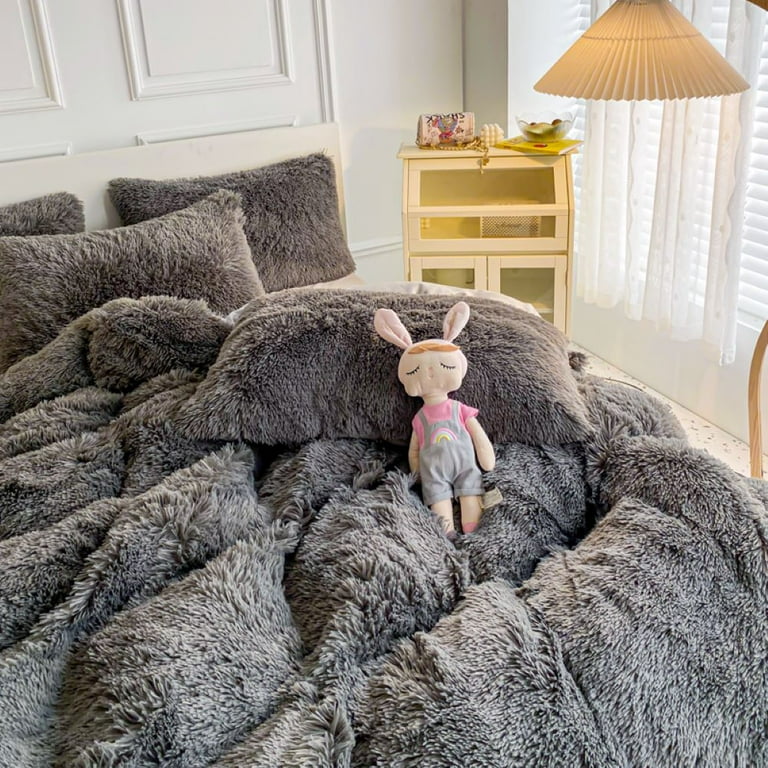 Sanmadrola Bedding Comforter Sets Bed in a Bag Twin Size Shaggy Plush Faux Fur Fluffy Bedding Sets Duvet Cover Soft Velvet Fuzzy Quilt Cover with