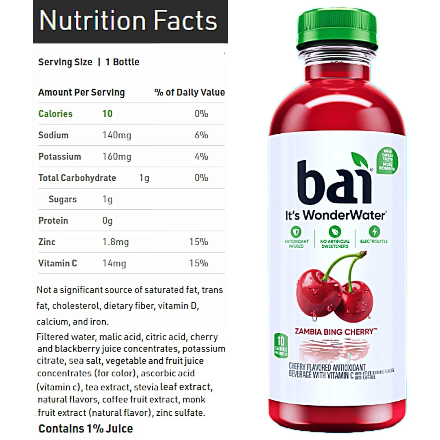 Bai Drinks | Flavored Water Assortment of Blueberry, Cherry, Watermelon, Strawberry , Clementine, Coconut is Gluten Free, Non GMO , Vegan and Kosher | Antioxidant Infused Drinks, 18 FL OZ Pack of 5 |