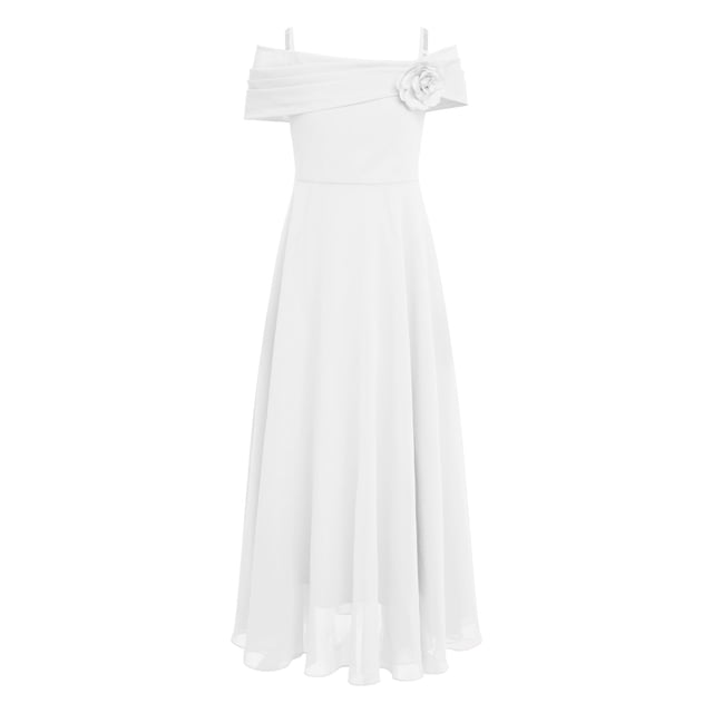 TiaoBug Robe de Demoiselle d'Honneur à Épaules Dénudées pour Fille, Robe de Demoiselle d'Honneur Junior en Mousseline, Robe Maxi de Fête, Ivoire 8