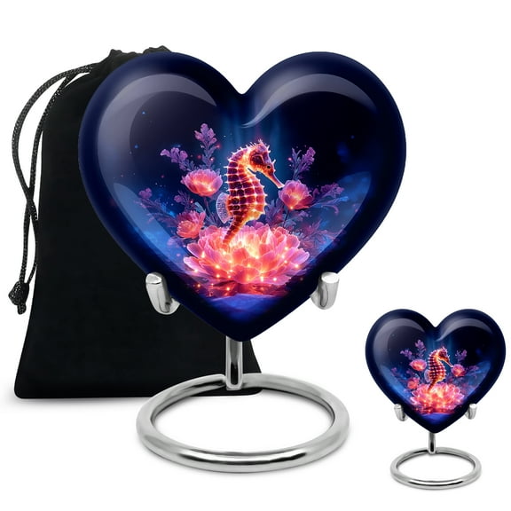 YATSKIA Purple Sea Horse with Flowers Large Funeral Urns for Human Ashes Adult Male and Female, Small Cremation Urn for Adult Ashes, (Heart 8 Inch and 3 Inch)