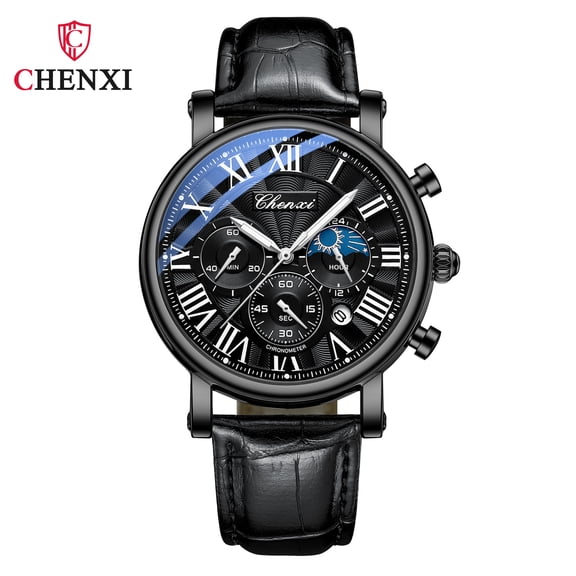 Men's multifunctional quartz watch, men's business watch, moon phase calendar waterproof watch, men's wristwatch, fashionable trendy watch