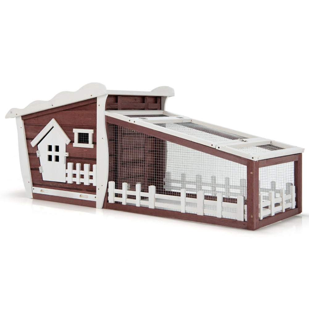 62 Inch Wooden Rabbit Hutch with Pull Out Tray-Red, Rabbit Hutch for Cats, Rabbits, Bunnies, Guinea Pigs