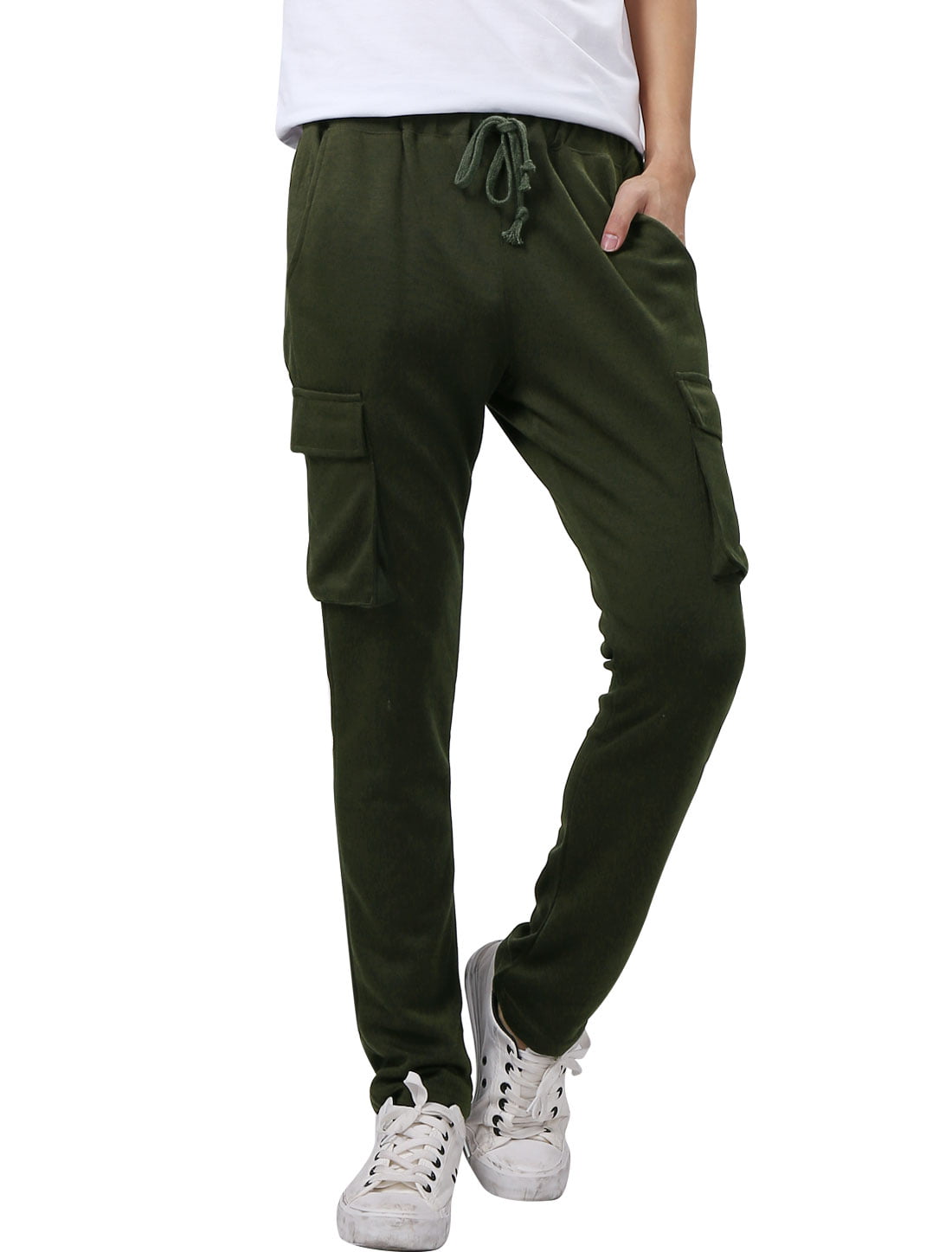 Men Army Green W30 Casual Stretchy Adjustable Drawstring Hip Pocket ...
