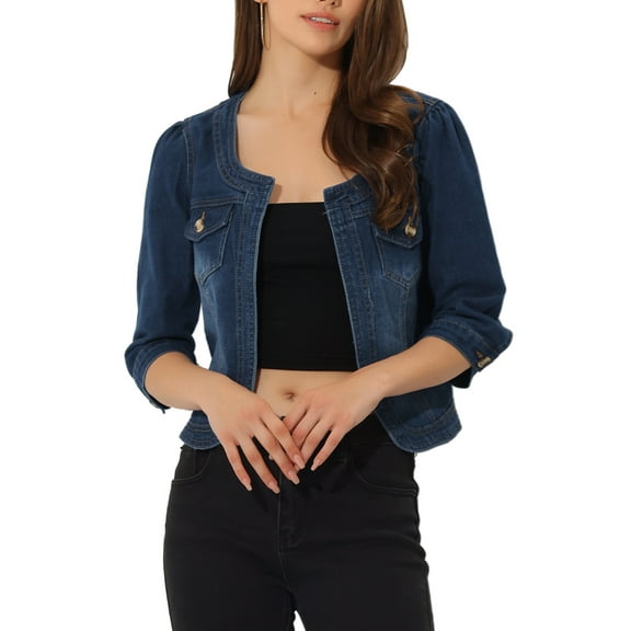Unique Bargains Women's Jean Collarless 3/4 Sleeve Denim Jackets XS Dark Blue