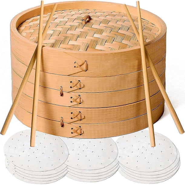 Bamboo Steamer Basket 10 Inch - Handmade 2 Tier Dumpling Steamer with Lid for Asian Cooking Dim Sum, Vegetables, Rice, Fish - 50 Bamboo Steamer Liners