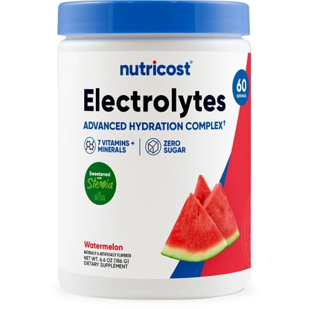 Nutricost Electrolytes Complex Powder (Watermelon) 60 Servings - Advanced Hydration Complex, 7 Vitamins   Minerals, Zero Sugar, Sweetened with Stevia, Gluten-Free, GMO-Free