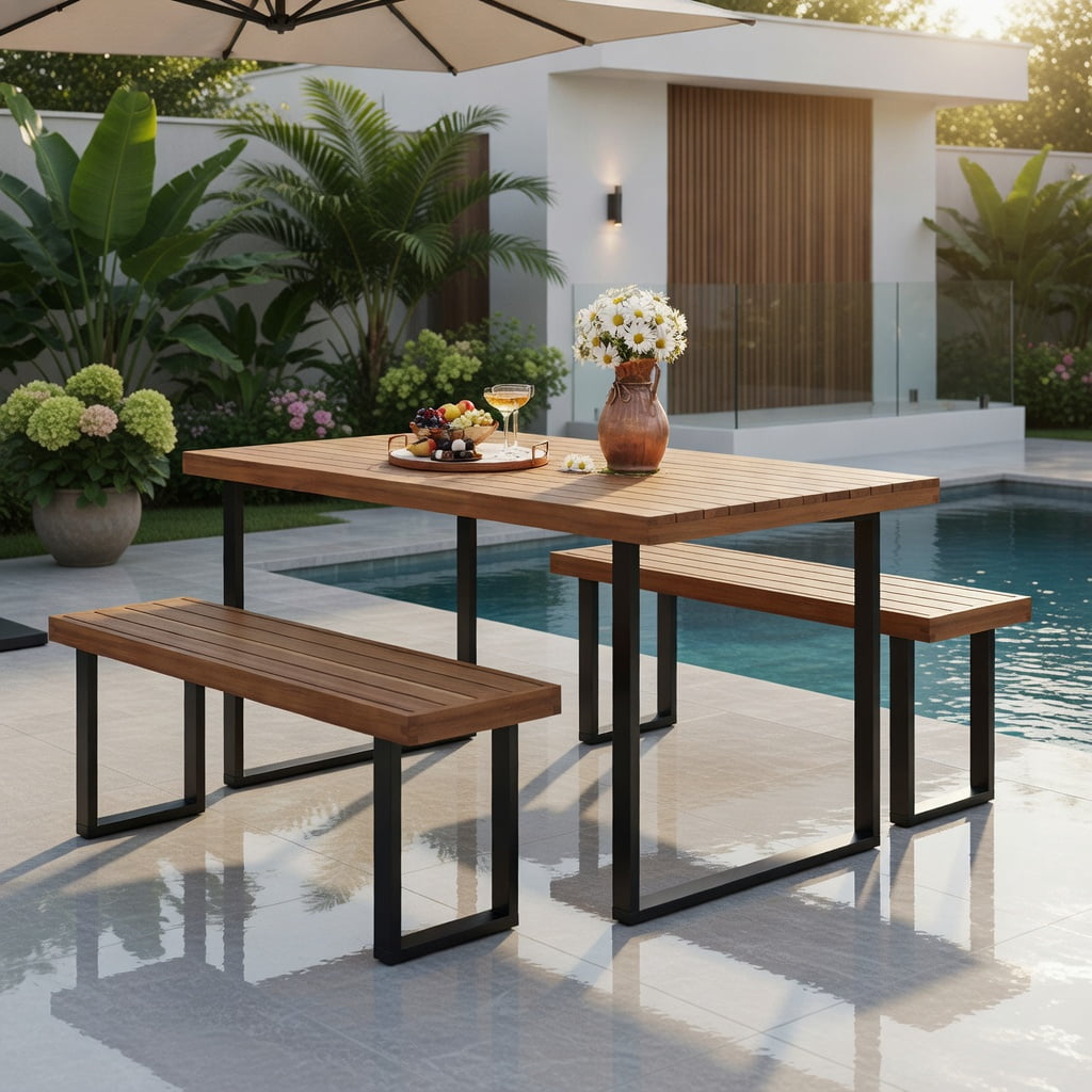 Hommoo 48" Acacia Wood Outdoor Patio Bench, Sturdy Dining Bench for Garden, Deck or Entryway, 2-Person Seating, Heavy-Duty Metal Frame, Natural & Black