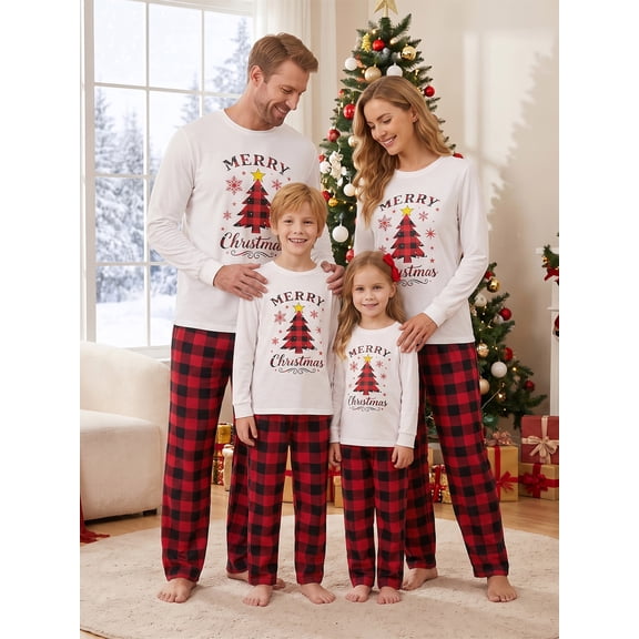 Christmas Family Pajamas Matching Set Long Sleeve Tops and Plaid Pants Set