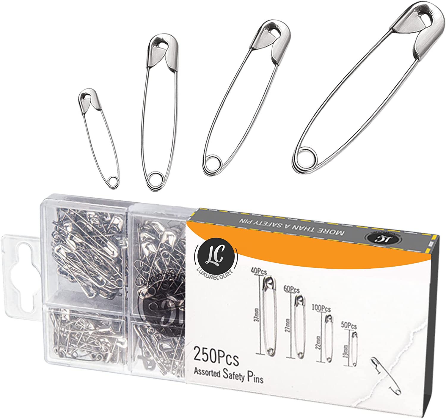 250 Pack Safety Pins by , 4 Assorted Sizes of Durable, Silver Small and Large Safety Pins Bulk, Rust-Resistant Nickel Plated Steel, Sharp Edge Pins for Clothes, Sewing, Arts & Craft