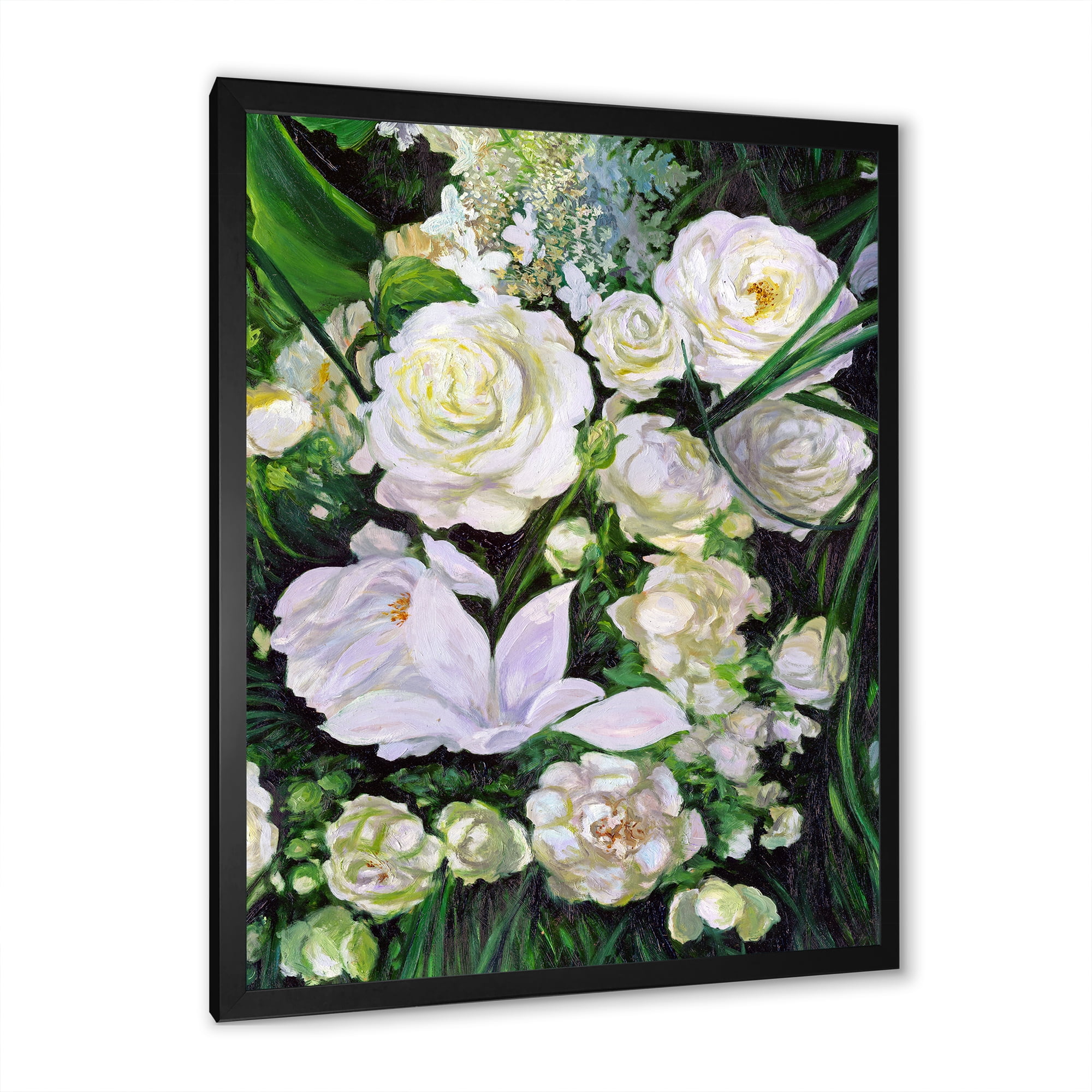 Designart 'Bouquet Of White Roses With Green Leaves' Traditional Framed Art Print