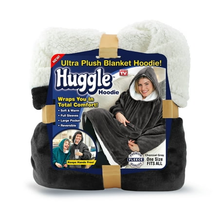 Huggle Hoodie, Fleece & Sherpa Wearable Blanket Hoodie, Gray, As Seen on TV
