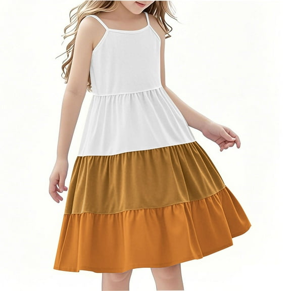 Efsteb Spaghetti Strap Dresses for Girls Summer Fashion Casual Sleeveless Dress Ruffle Tiered Beach Dresses (Brown,5 Years)