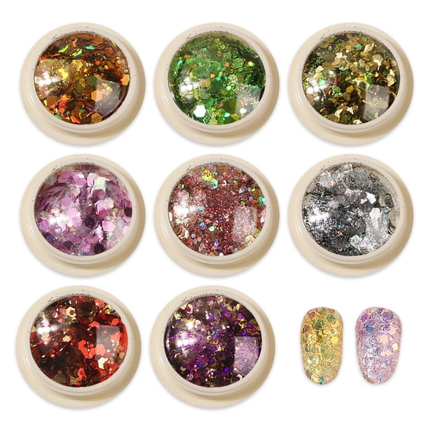 Juego de 8 latas de pegatinas holográficas con lentejuelas para uñas, lámina iridiscente de color