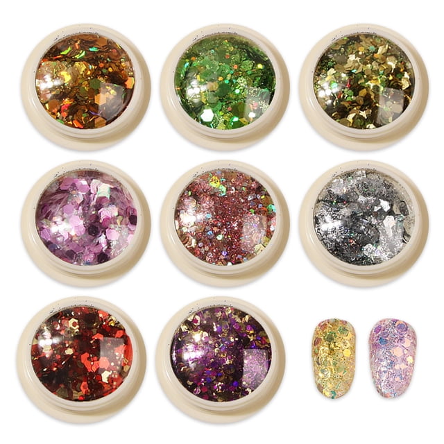 Juego de 8 latas de pegatinas holográficas con lentejuelas para uñas, lámina iridiscente de color
