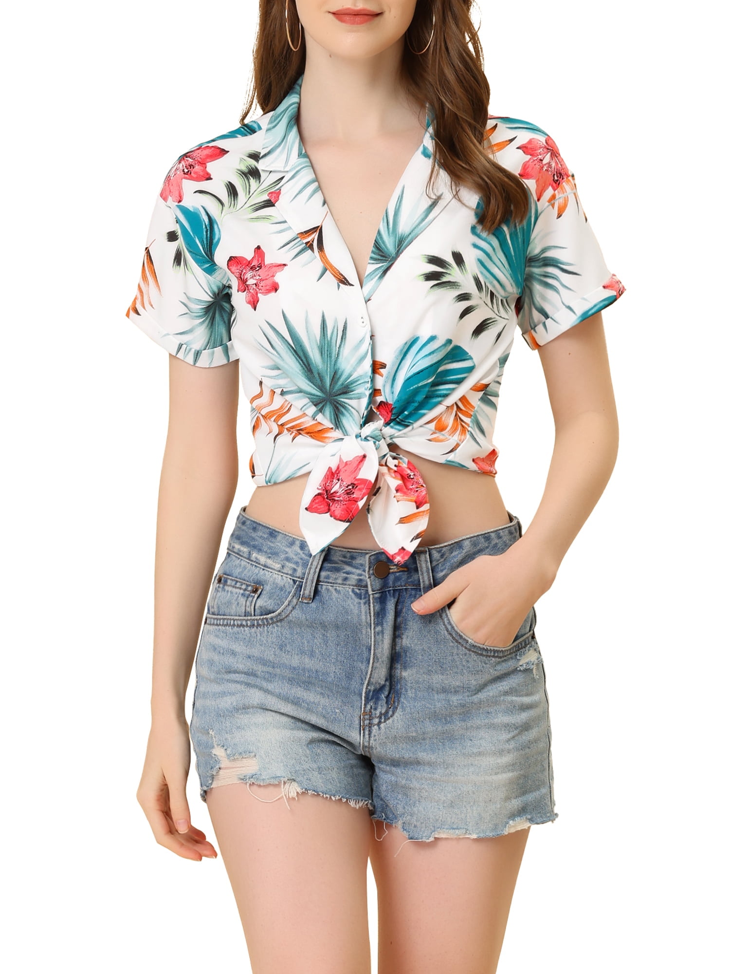 DARING DIVA Floral Leaves Print Short Sleeve Beach Top M White Floral