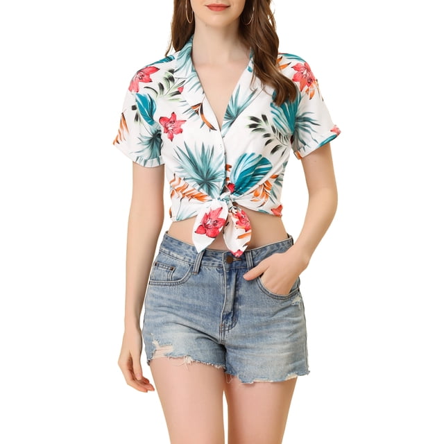 Camisas de mujer INSPIRE CHIC de manga corta hawaiana con botones, estampado floral tropical, S, floral blanco